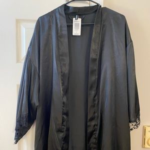Black Satin Robe with Lace Trim